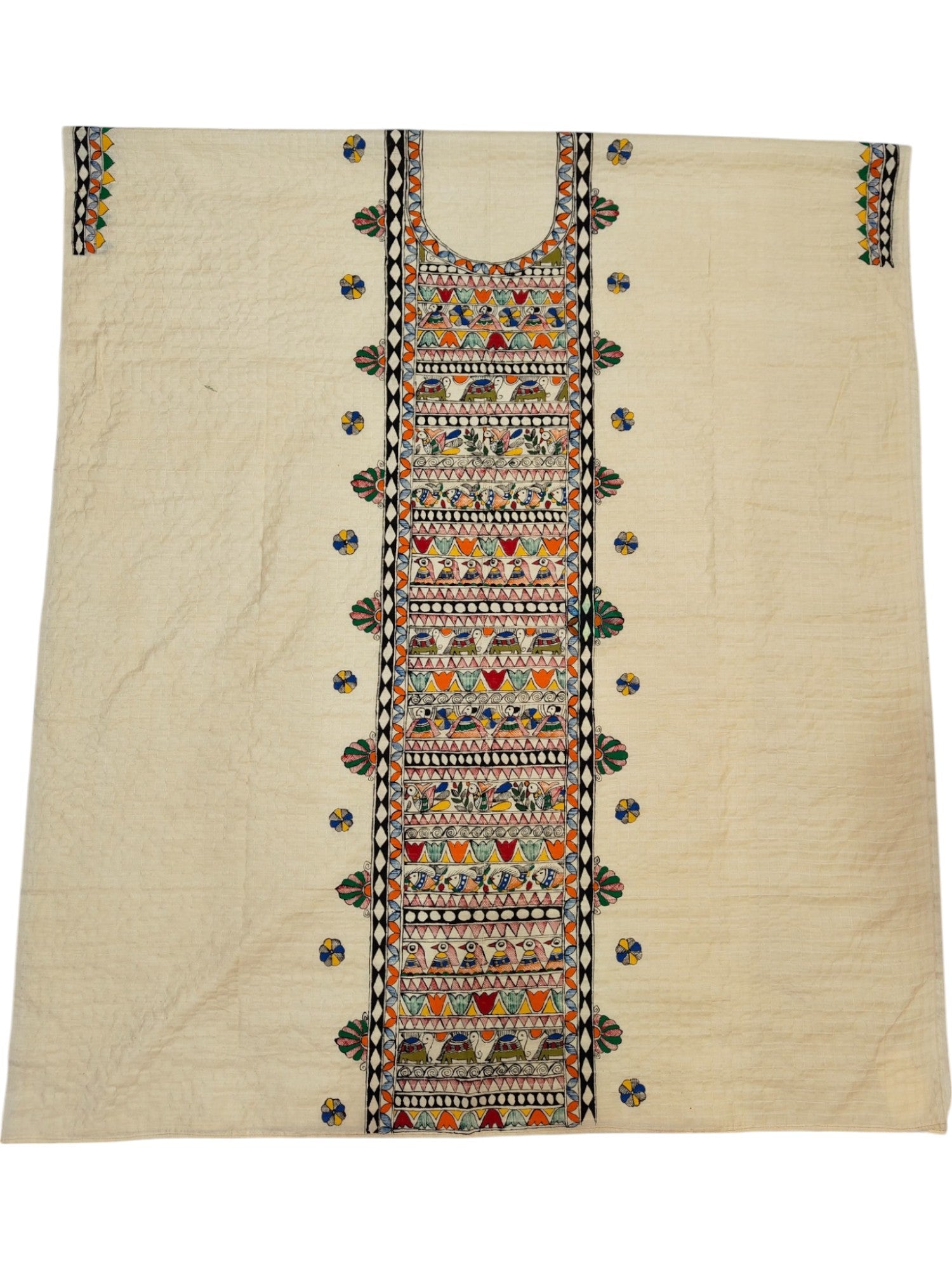 Hand-Painted Godhana Madhubani Unstitched Kurti – Ivory Cotton